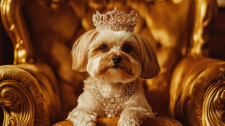 A pampered dog in a sparkling crown and elegant jewelry, perched proudly on a golden throne-like chair with plush cushions.の素材