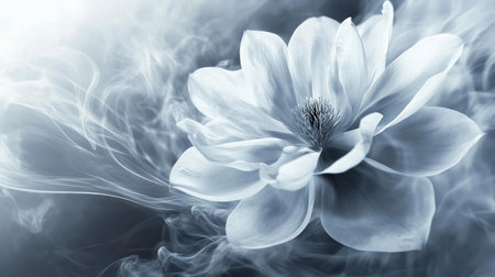 3D wallpaper with a large single flower, misted with soft steam, creating a harmonious, peaceful space with gentle, flowing design.の素材