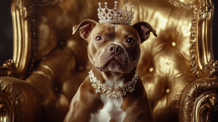 A regal dog wearing a crown and sparkling jewelry sits confidently on a luxurious golden chair, surrounded by soft lighting and rich textures.の素材