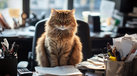 A cat with a furrowed brow sits on a desk chair, surrounded by messy paperwork and office gadgets, capturing a stressed office atmosphere.の素材