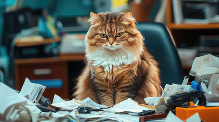 A cat with a furrowed brow sits on a desk chair, surrounded by messy paperwork and office gadgets, capturing a stressed office atmosphere.の素材