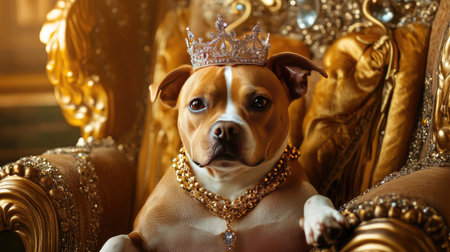 A pampered dog, adorned with a glittering crown and necklace, lounges on a golden chair with intricate details and an elegant background.の素材