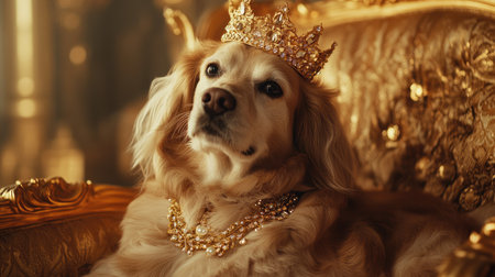 A dog with a jeweled crown and gold necklace sits on a golden chair, exuding a royal and luxurious vibe with soft lighting.の素材