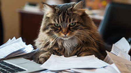 A cat with a stressed expression sits on an office desk chair, surrounded by paperwork and a laptop, conveying a sense of work-related stress.の素材