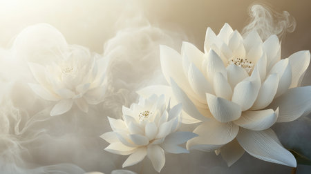 A large, detailed flower pattern on 3D wallpaper, with soft steam rising in the air, giving a serene and peaceful vibe to the scene.の素材