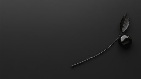 A single black cherry with a stem placed on a black background, leaving negative space on the right for text.の素材