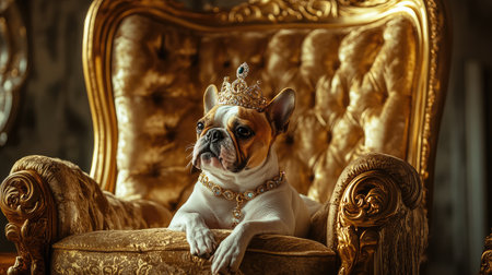 A dog in a jeweled crown and necklace rests on a golden chair, with dramatic lighting enhancing the luxurious atmosphere.の素材
