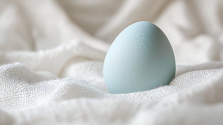 Close-up of a single robin's egg blue Easter egg with a matte finish, resting on a soft white textured fabric background.の素材