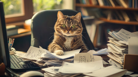 A cat on a desk chair with a stressed expression, looking overwhelmed by papers and a computer, in a chaotic work environment.の素材