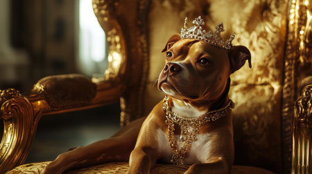 A dog in a jeweled crown and necklace rests on a golden chair, with dramatic lighting enhancing the luxurious atmosphere.の素材