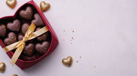 Close-up of heart-shaped Valentine chocolates in a red gift box, adorned with gold ribbon, on a white background, no people included.の素材