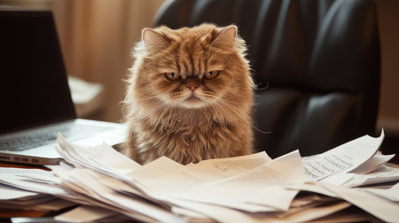 A cat with a stressed expression sits on an office desk chair, surrounded by paperwork and a laptop, conveying a sense of work-related stress.の素材