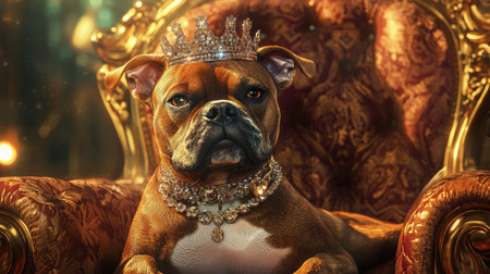 A pampered dog, adorned with a glittering crown and necklace, lounges on a golden chair with intricate details and an elegant background.の素材
