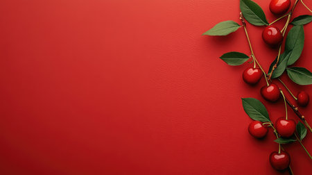 Fresh red cherries with green stems on a solid red background, leaving negative space on the left for copy.の素材