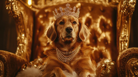 A dog with a sparkling crown and luxury jewelry sitting on a golden throne chair, surrounded by plush textures and soft lighting.の素材