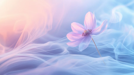A soft pastel 3D wallpaper featuring a single flower pattern, with gentle steam rising around it, creating a peaceful and serene scene.の素材