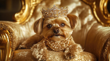 A pampered dog, adorned with a glittering crown and necklace, lounges on a golden chair with intricate details and an elegant background.の素材