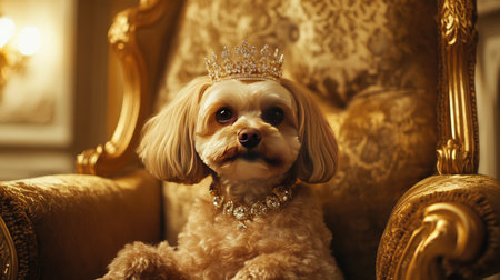 A dog with a sparkling crown and luxury jewelry sitting on a golden throne chair, surrounded by plush textures and soft lighting.の素材