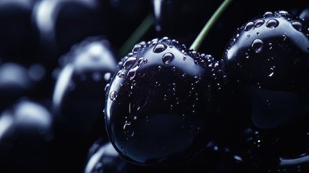 Close-up of black cherries glistening under soft lighting, with an empty dark gradient background for text placement.の素材
