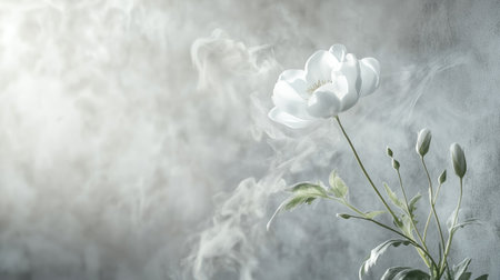 Close-up of a single flower on 3D wallpaper, with soft steam moving upward in a delicate pattern, adding depth and serenity.の素材