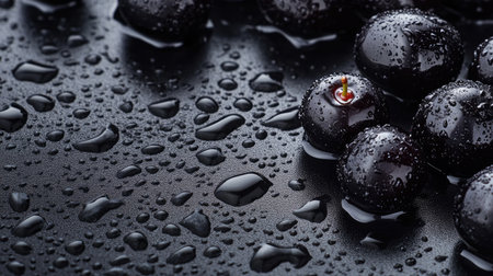 Close-up of juicy black cherries with water drops on a black reflective surface, leaving the top half empty for text.の素材