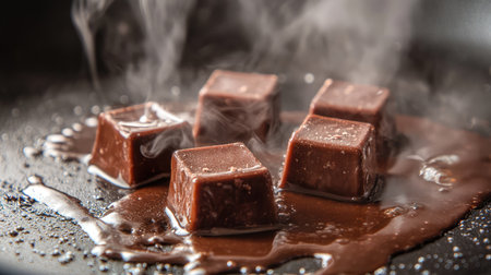 Close-up of chocolate squares melting on a hot pan, with a glossy sheen and soft steam rising in the background.の素材