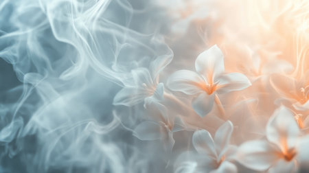 Close-up of a 3D wallpaper with a simple yet elegant flower design, surrounded by soft steam that adds a calming, dreamlike effect.の素材
