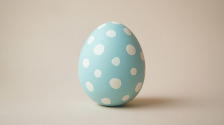 Close-up of a single pastel blue Easter egg with white polka dots, placed on a soft beige background, minimalistic style.の素材