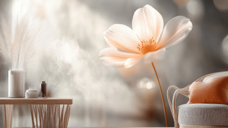 Close-up of a single flower on 3D wallpaper, with a light mist of soft steam rising in the background, adding a sense of tranquility.の素材