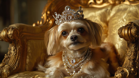 Close-up of a dog adorned with a jeweled crown and necklace, sitting elegantly on a golden chair, with a lavish, opulent background.の素材