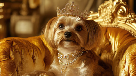 Close-up of a dog adorned in a crown and elegant jewels, sitting on a golden chair with soft velvet upholstery in a lavish setting.の素材