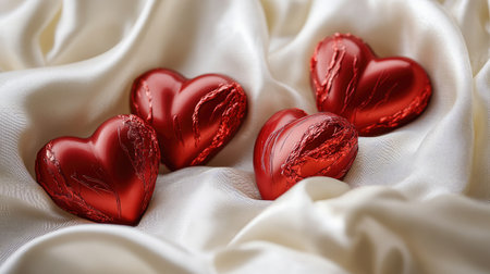Close-up of milk chocolate hearts wrapped in shiny red foil, nestled in a bed of white silk fabric, perfect for Valentine Day.の素材