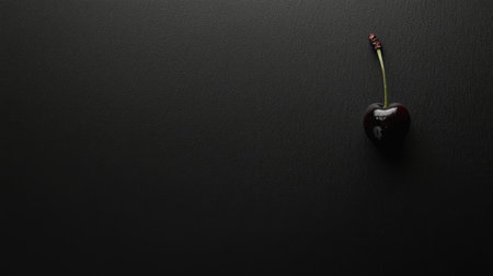 A single black cherry with a stem placed on a black background, leaving negative space on the right for text.の素材
