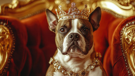 Close-up of a dog adorned in a crown and elegant jewels, sitting on a golden chair with soft velvet upholstery in a lavish setting.の素材