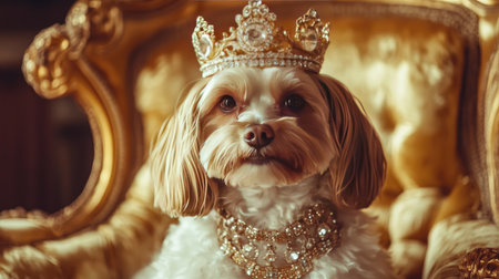 Close-up of a dog adorned in a crown and elegant jewels, sitting on a golden chair with soft velvet upholstery in a lavish setting.の素材