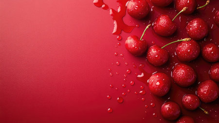 Close-up of vibrant red cherries with water droplets, scattered across a soft red background, leaving space for copy at the center.の素材