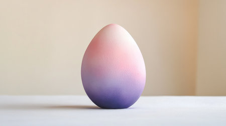 Elegant single Easter egg painted in ombre shades of pink and purple, resting on a light off-white background.の素材