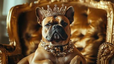 Dog wearing a shiny crown and expensive jewelry sits gracefully on a golden chair, showcasing a royal and sophisticated ambiance.の素材