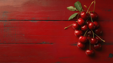 Bunch of plump red cherries resting on a red wooden surface, leaving an open space above for copy placement.の素材