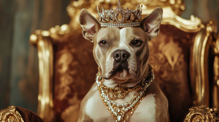 A sophisticated dog wearing a crown and valuable jewelry, sitting on a golden chair, exuding royalty in a lavish room.の素材
