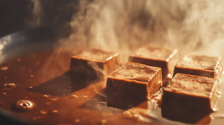 Close-up of chocolate squares melting on a hot pan, with a glossy sheen and soft steam rising in the background.の素材