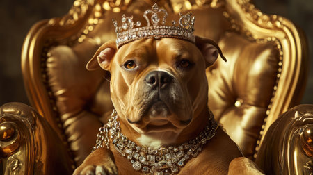 Dog wearing a shiny crown and expensive jewelry sits gracefully on a golden chair, showcasing a royal and sophisticated ambiance.の素材