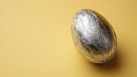 Close-up of a chocolate Easter egg wrapped in shiny silver foil, displayed on a smooth light yellow background.の素材