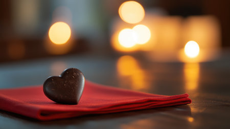 Minimalistic setup of a single chocolate heart placed on a red napkin, with a blurred background of soft candlelight.の素材