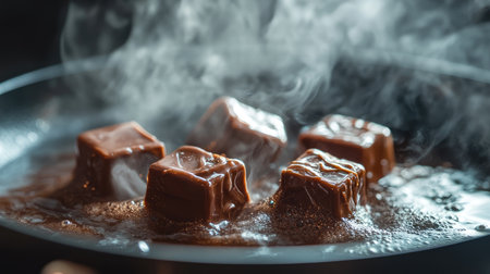 Close-up of chocolate squares melting on a hot pan, with a glossy sheen and soft steam rising in the background.の素材