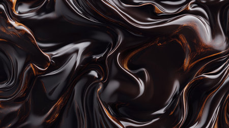 Close-up of melting dark chocolate flowing smoothly in a swirl pattern, with a glossy texture and rich brown tones, no people included.の素材