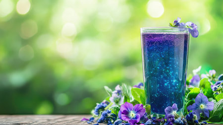 A glass of vibrant butterfly pea juice surrounded by fresh flowers on a wooden table, with a green blurred backdrop and plenty of copy spaceの素材