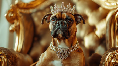 Dog wearing a shiny crown and expensive jewelry sits gracefully on a golden chair, showcasing a royal and sophisticated ambiance.の素材