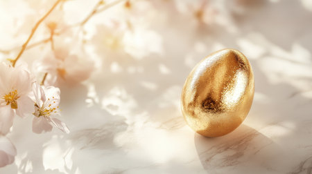 Single golden Easter egg with a metallic shine, placed on a light cream background with soft shadows for an elegant touch.の素材