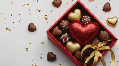 Close-up of heart-shaped Valentine chocolates in a red gift box, adorned with gold ribbon, on a white background, no people included.の素材